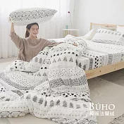 《BUHO》極柔暖法蘭絨6尺雙人加大床包+舖棉暖暖被(150x200cm)四件組 《趣覓童林》