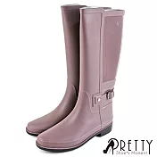 【Pretty】女 雨靴 雨鞋 長筒 素面 拼接 皮帶釦 防水 EU36 杏色