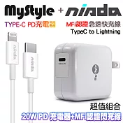 MyStyle 20W Type-C 輸出PD閃充充電器+NISDA Type-C to Lightning MFi認證 PD傳輸充電線-白