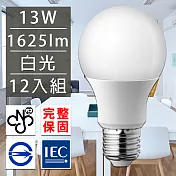 歐洲百年品牌台灣CNS認證LED廣角燈泡E27/13W/1625流明/白光 12入