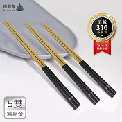 Beroso 倍麗森 臺灣SGS檢驗合格316不鏽鋼實心長柄不鏽鋼餐具方筷子-霧黑金-5入組