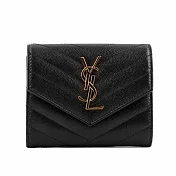 YSL 山形紋荔枝皮金字logo三折短夾 (黑色)