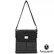 Roberto Mocali - 義大利諾貝兔率性配皮千鳥紋掀蓋側背包 黑色