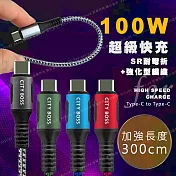 CityBoss勇固系列 Type-C to Type-C 100W 編織耐彎折快速充電線-300cm-2入 銀