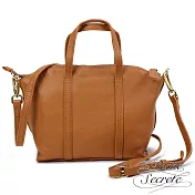 La Poche Secrete托特包 簡約真皮雙皮帶手提斜側背托特包- 焦糖咖