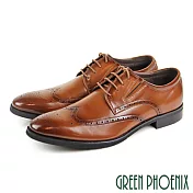 【GREEN PHOENIX】男 紳士皮鞋 商務皮鞋 大尺碼 全真皮 布洛克 雷射雕花 綁帶 EU46 棕色