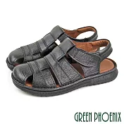 【GREEN PHOENIX】男 涼鞋 護趾 鏤空 全真皮 手工 沾黏式 平底 臺灣製 US6 黑色