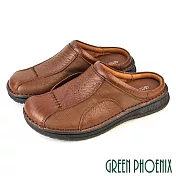 【GREEN PHOENIX】男 穆勒鞋 張菲鞋 後空拖鞋 全真皮 拼接 壓紋 手工 休閒 US6 咖啡色