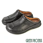 【GREEN PHOENIX】男 穆勒鞋 張菲鞋 後空拖鞋 全真皮 拼接 壓紋 手工 休閒 US6 黑色