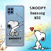 史努比/SNOOPY 正版授權 三星 Samsung Galaxy M32 漸層彩繪空壓手機殼(紙飛機)