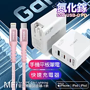 POLYBATT 氮化鎵Gan 65W口袋充電器(白)+蘋果認證TypeC to Lightning 編織線玫瑰金(100cm)