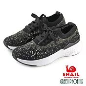 【SNAIL蝸牛】女 休閒鞋 飛線編織 水鑽 綁帶 襪套式 輕量 厚底 EU40 黑色