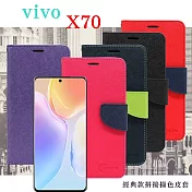 VIVO X70 5G 經典書本雙色磁釦側翻可站立皮套 手機殼 可插卡 可站立 側掀皮套 藍色