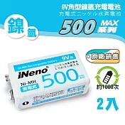【iNeno】9V/500max鎳氫充電電池(2入/迴圈 節能 環保安全 煙霧偵測器適用)