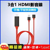 法拉利3合1 蘋果+安卓+Type C 轉HDMI數位通用影音轉接線 紅色