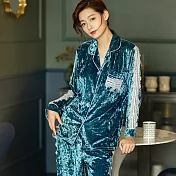 【Wonderland】魅力裸肌金絲絨衣褲組(3色) L 藍色