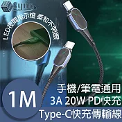 UniSync Type-C夜間指示3A 20W PD快充電傳輸線 銀/1M