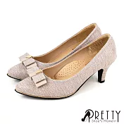 【Pretty】女 高跟鞋 宴會鞋 金蔥 法式蝴蝶結 尖頭 台灣製 JP22.5 香檳色