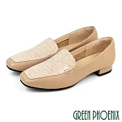 【GREEN PHOENIX】女 低跟鞋 樂福鞋 便鞋 鱷魚壓紋 全真皮 方頭 OL通勤 上班 台灣製 US8 米色