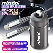 NISDA 超迷你CA-302DQ PD+QC3.0雙孔認證車充30W槍+CITY 高強度抗彎折/鋁合金PD 60W/C to L iPhone 快充線 1.5米-銀