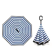 【生活良品】C型雙層海軍紋手動反向雨傘(大傘面!不淋濕!反向直傘)條紋款 藏青條紋