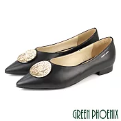【GREEN PHOENIX】女 低跟鞋 國際精品 飾釦 柔軟日本小羊皮 尖頭 EU37.5 黑色