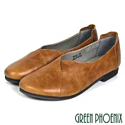 【GREEN PHOENIX】女 低跟鞋 包鞋 V型剪裁 全真皮 粗跟 通勤 上班 EU38 棕色