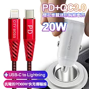 BSMI認證20W PD+QC3.0雙孔車用迷你智能車充-白+CB抗彎鋁合金PD60W C to Lightning快充傳輸線-紅