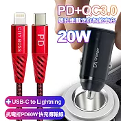 BSMI認證20W PD+QC3.0雙孔車用迷你智能車充-黑+CB抗彎鋁合金PD60W C to Lightning快充傳輸線-紅