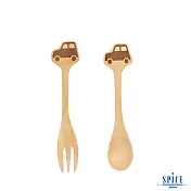 【SPICE】日本 PETIT’S MAMAN 兒童 天然木頭叉子&湯匙套組- 汽車
