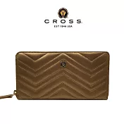 【CROSS】台灣總經銷 限量1折 頂級小牛皮山形紋拉鍊長夾 全新專櫃展示品 (金色 贈禮盒提袋)