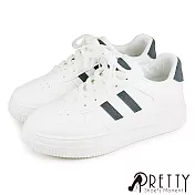 【Pretty】女 休閒鞋 板鞋 小白鞋 運動風 條紋 綁帶 厚底 JP23 白藍色