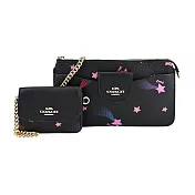 COACH 立體馬車LOGO星星印花拼接皮革2合1金屬鍊帶斜揹包- 黑