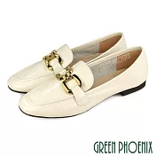【GREEN PHOENIX】女 樂福鞋 便鞋 全真皮 壓紋 金屬飾釦 OL通勤 上班 EU36 米色