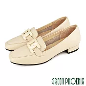 【GREEN PHOENIX】女 低跟鞋 樂福鞋 便鞋 金屬鍊 全真皮 方頭 OL通勤 面試 台灣製 US8 粉紅色