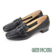 【GREEN PHOENIX】女 低跟鞋 樂福鞋 便鞋 金屬鍊 全真皮 方頭 OL通勤 面試 台灣製 US8 黑色