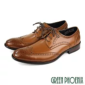 【GREEN PHOENIX】男 紳士皮鞋 商務皮鞋 全真皮 雷射雕花 漸層 渲染 弧型排壓 氣墊 EU39 咖啡色
