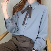 【Novia諾維亞】學院風翻領長袖領結裝飾加厚襯衫 L 藍灰色