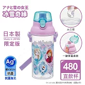 【百科良品】日本製 冰雪奇緣 彈蓋直飲水壺 抗菌加工 480ML(附背帶) 冰雪大冒險-透明瓶身