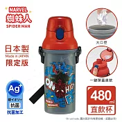 【百科良品】日本製 漫威蜘蛛人 彈蓋直飲水壺 隨身瓶 抗菌加工 480ML(附背帶) 倒掛蜘蛛人-灰