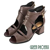 【GREEN PHOENIX】女 踝靴 涼鞋 國際精品 鏤空 墜飾 後拉鍊 粗跟 高跟 魚口 EU37 咖啡色