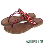 【GREEN PHOENIX】女 拖鞋 涼鞋 兩穿 撞色 編織 全真皮 平底 夾腳 台灣製 EU36 紅色
