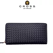 【CROSS】台灣總經銷 限量1折 頂級小牛皮編織紋拉鍊長夾 海倫系列 全新專櫃展示品 (深藍色 贈禮盒提袋)