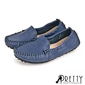 【Pretty】女 休閒鞋 莫卡辛 便鞋 素面 按摩顆粒 乳膠氣墊 平底 台灣製 JP23 藍色