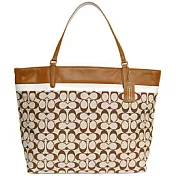 COACH 皮革拼接C LOGO織布手提/肩背包-卡其駝