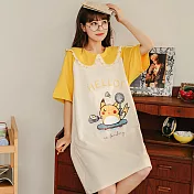 【Wonderland】忙碌皮皮娃娃領100%棉居家休閒洋裝 XL 米黃