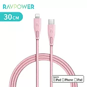 【RAVPower】MFi認證 PD線 Type-C to Lightning 編織快速充電傳輸線 30cm-粉色