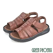 【GREEN PHOENIX】男 涼鞋 線條感 全真皮 沾黏式 寬楦 厚底 手工 台灣製 US7 咖啡色
