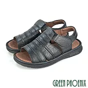 【GREEN PHOENIX】男 涼鞋 線條感 全真皮 沾黏式 寬楦 厚底 手工 台灣製 US7 黑色