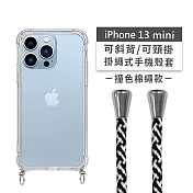 【Timo】iPhone 13 mini 5.4吋 專用 附釦環透明防摔手機保護殼(掛繩殼/背帶殼)+撞色棉繩 黑白